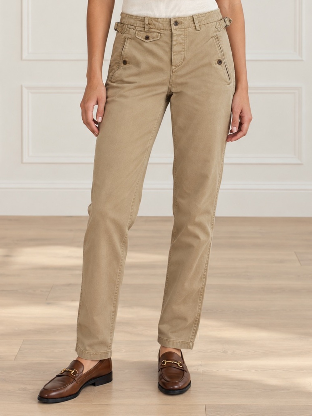 Vintage Ralph Lauren Chino Pants 2 Khaki Safari Side Buckle Low Rise Blue Label